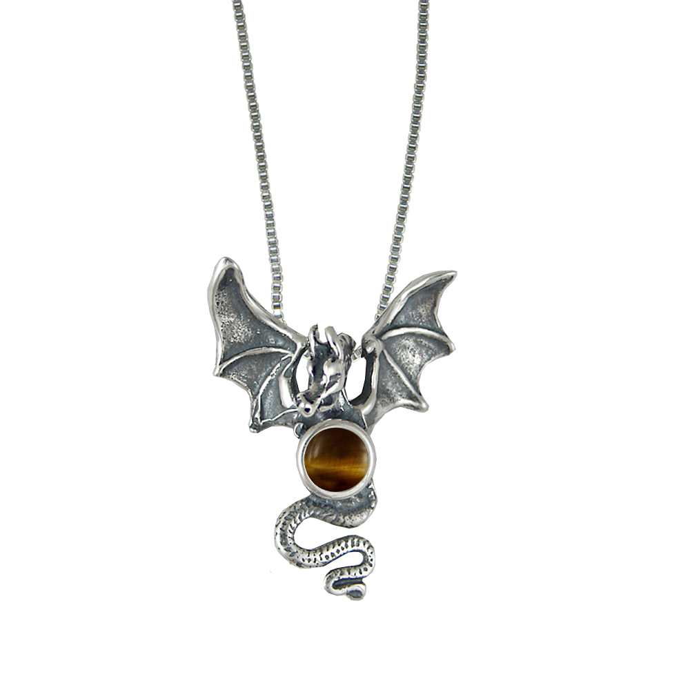 Sterling Silver Dragon of Protection Pendant With Tiger Eye